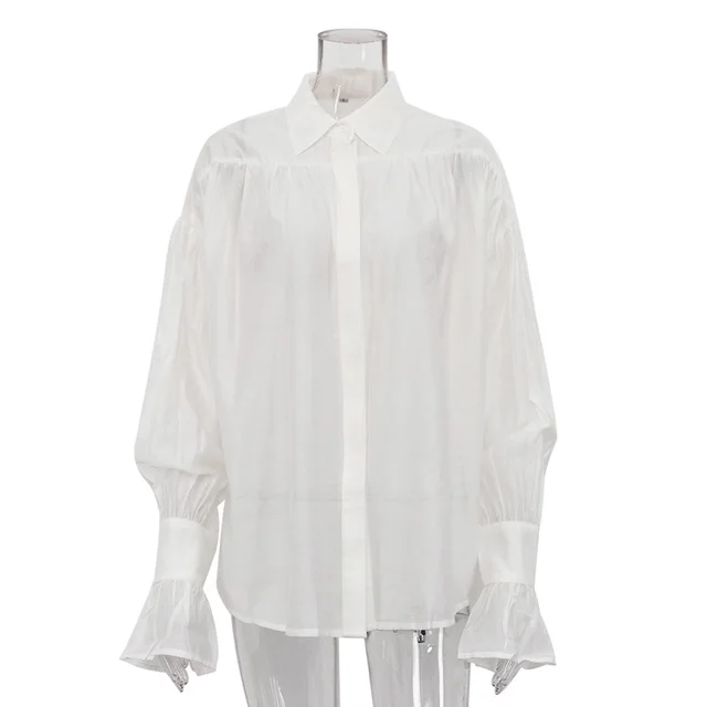 Polo Collar Solid Color Long Sleeve Shirt White - Shop at LoveMi