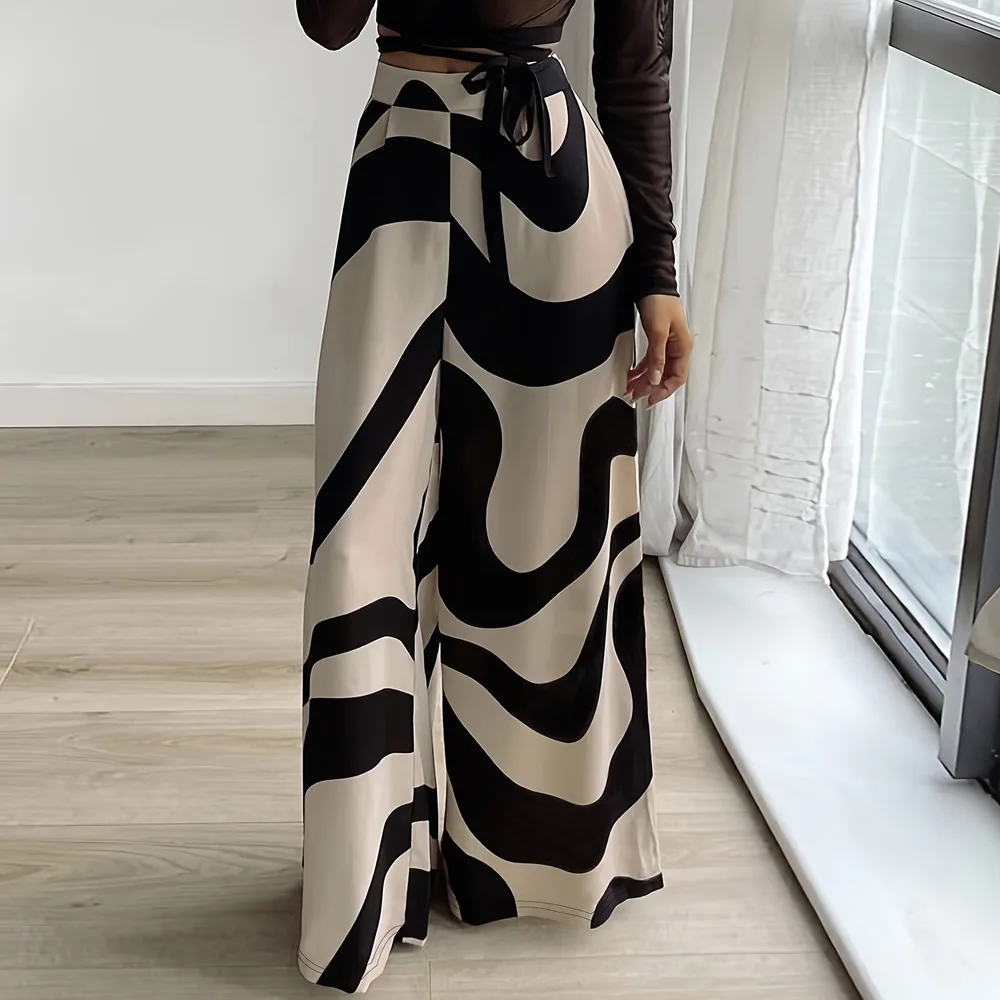 Loose High Waist Wide Leg Printed Straight Casual Pants Brown - Shop at LoveMi