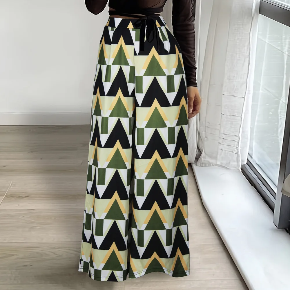 Loose High Waist Wide Leg Printed Straight Casual Pants - Green