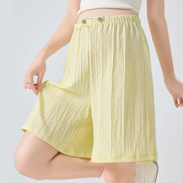 Knitted Drawstring Linen Pleated Shorts For Pregnant Women Casual Bright Yellow - Shop at LoveMi