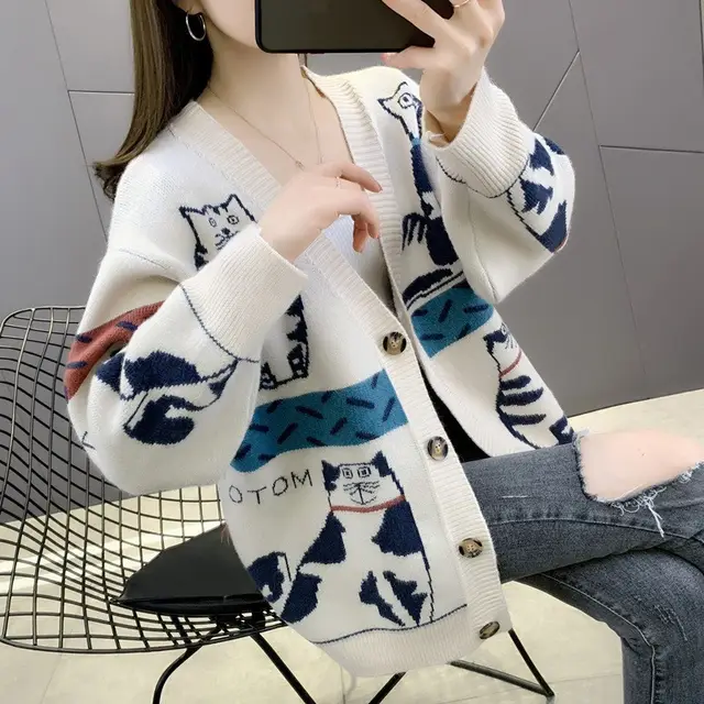 Cartoon Cat Contrast Color Sweater Coat For Women Autumn And Winter New Loose And Lazy Style Fashionable All match Knitted Cardigan White - Shop at LoveMi