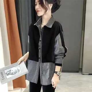 Stitching Stripe Long Sleeves Shirt Women's Loose All-matching - View 1