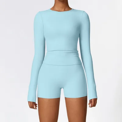 Winter Outdoor Running Sports Set For Women Long Sleeved Shorts Sky Blue - Shop at LoveMi
