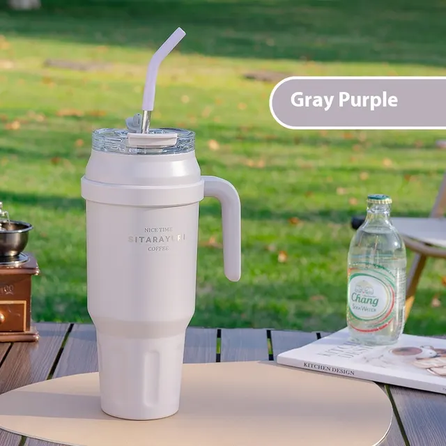 Stainless Steel Double layer Vacuum Large Capacity Outdoor Portable Insulation Cup Greyish Purple - Shop at LoveMi