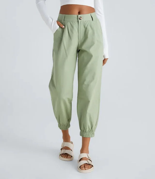 Casual Zipper Slant Pockets Casual Pants Light Green - Shop at LoveMi