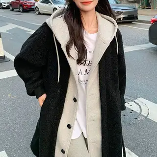 Long Hooded Dress Coat Lambswool All-match Loose Fashionable Jacket - Black