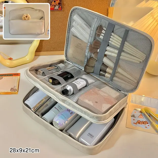 Large Capacity Cosmetic Bag Multi function Layering Three Layer Beige - Shop at LoveMi