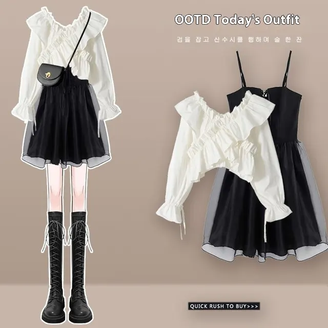 Shirt Women's Denim Suspender Skirt Two piece Set White Shirt Black Tulle Skirt - Shop at LoveMi