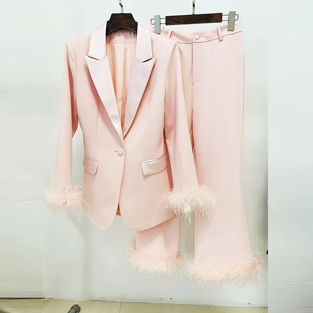 True Feathers Ostrich Fur Blazer Cropped Pants Set Two piece Suit Pink - Shop at LoveMi