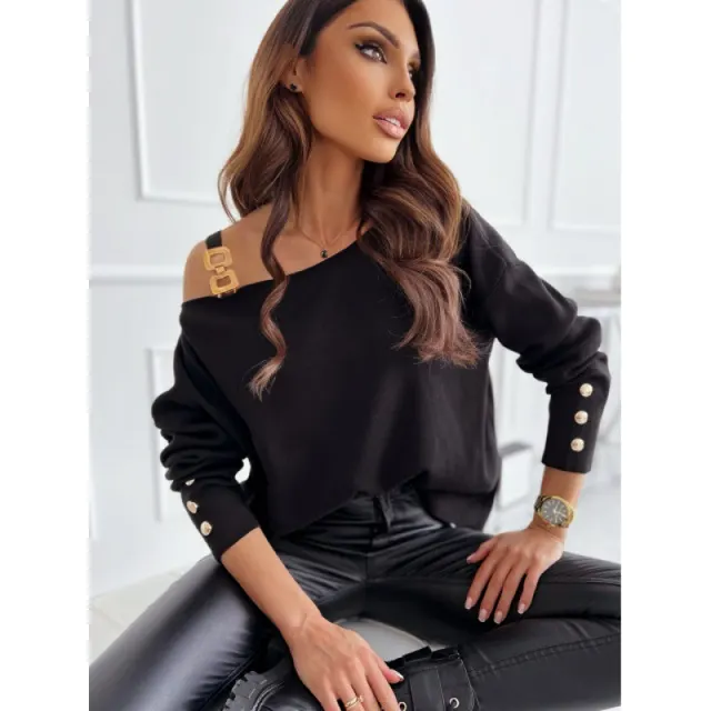 Fashion Chain Button Decoration Long Sleeved Top For Women Black - Shop at LoveMi