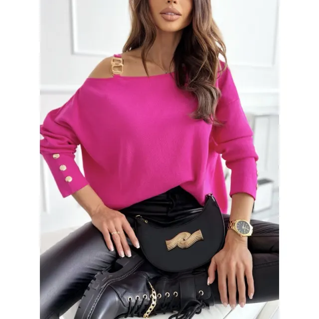 Fashion Chain Button Decoration Long Sleeved Top For Women Rose Red - Shop at LoveMi