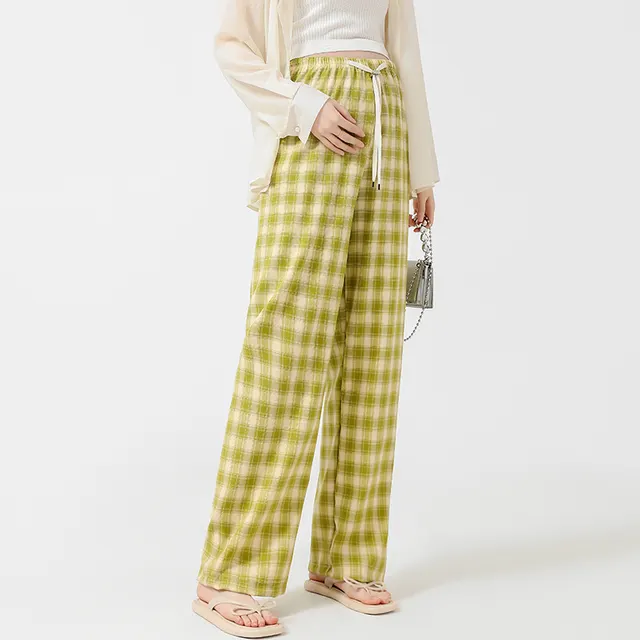 Retro Plaid Narrow Wide leg Pants Slim Loose Casual Green And White Plaid - Shop at LoveMi