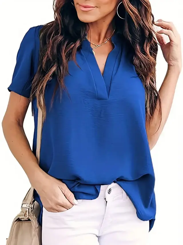 Solid Color And V neck Short Sleeve Loose Chiffon Shirt Top Blue - Shop at LoveMi