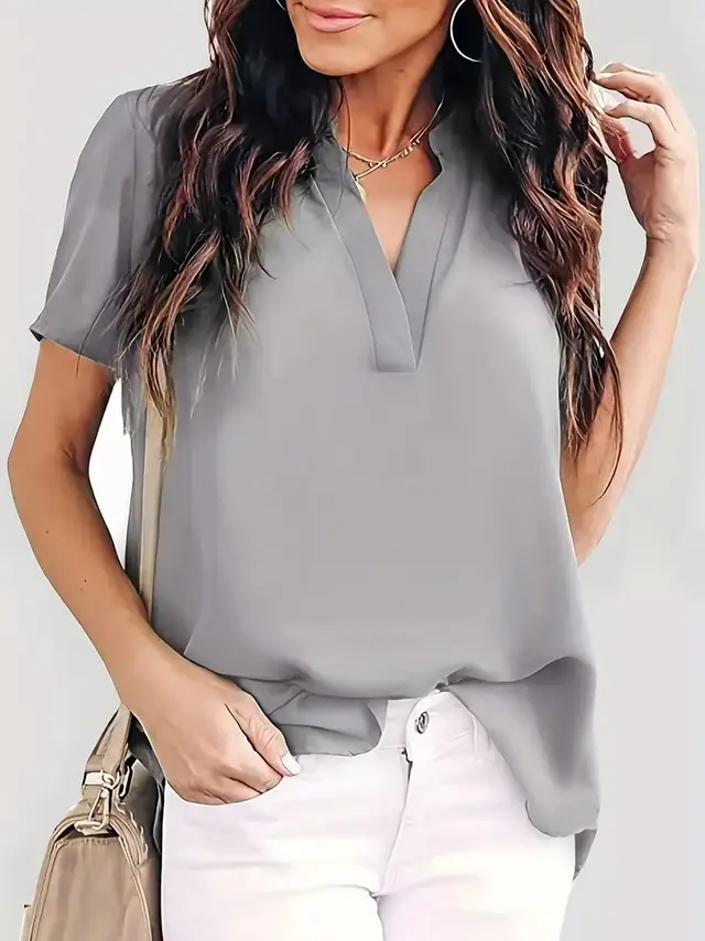 Solid Color And V neck Short Sleeve Loose Chiffon Shirt Top Gray - Shop at LoveMi