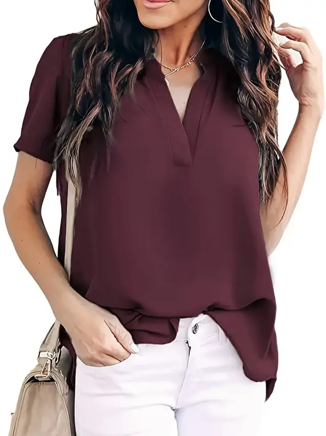 Solid Color And V neck Short Sleeve Loose Chiffon Shirt Top Wine Red - Shop at LoveMi