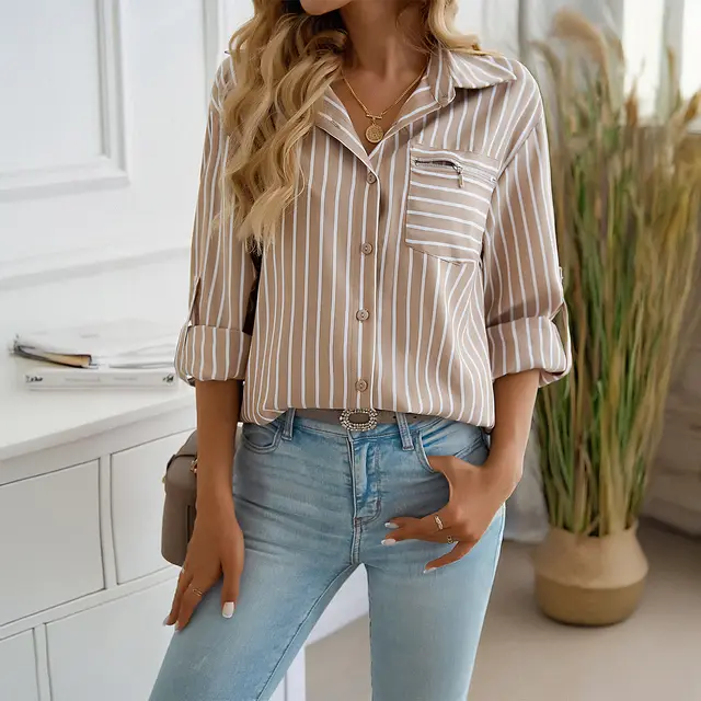 Loose Temperament Button Cardigan Striped Long Sleeve Shirt Khaki - Shop at LoveMi