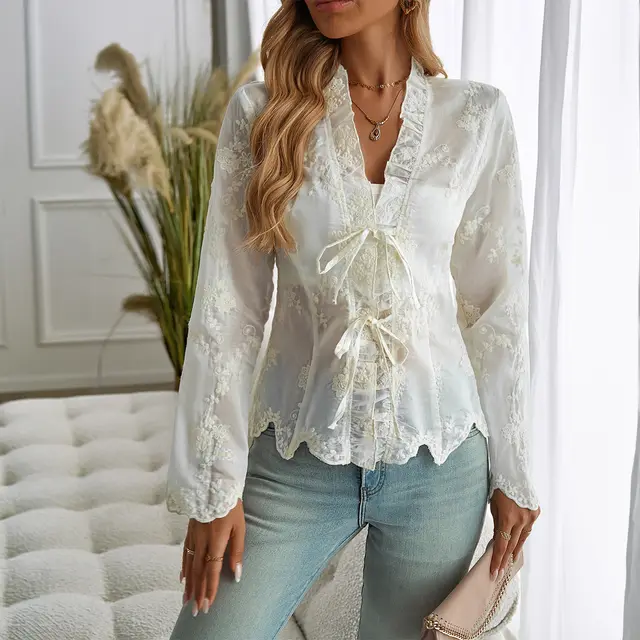 Women's Y2g Cardigan Embroidered V neck Long Sleeve Lace Shirt Apricot - Shop at LoveMi
