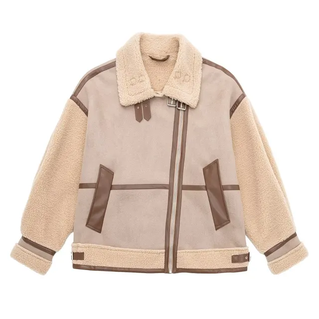 Fashionable All match Stitching Lapel Long sleeved Jacket Jacket Khaki - Shop at LoveMi
