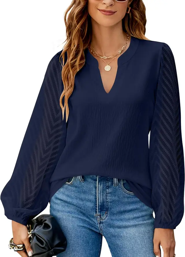 Women's V neck Lace Stitching Chiffon Shirt Navy Blue - Shop at LoveMi