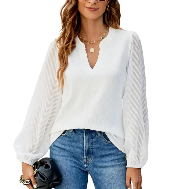 Women's V neck Lace Stitching Chiffon Shirt White - Shop at LoveMi