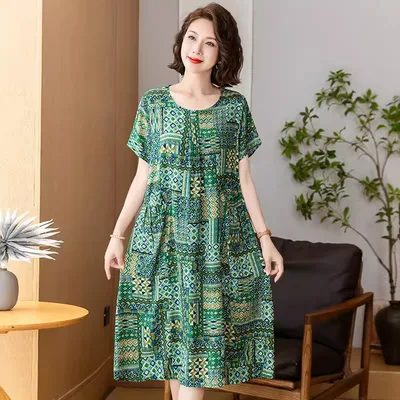 Middle aged And Elderly Women's Cotton Silk Printing Maxi Dress No 57 6Xl - Shop at LoveMi