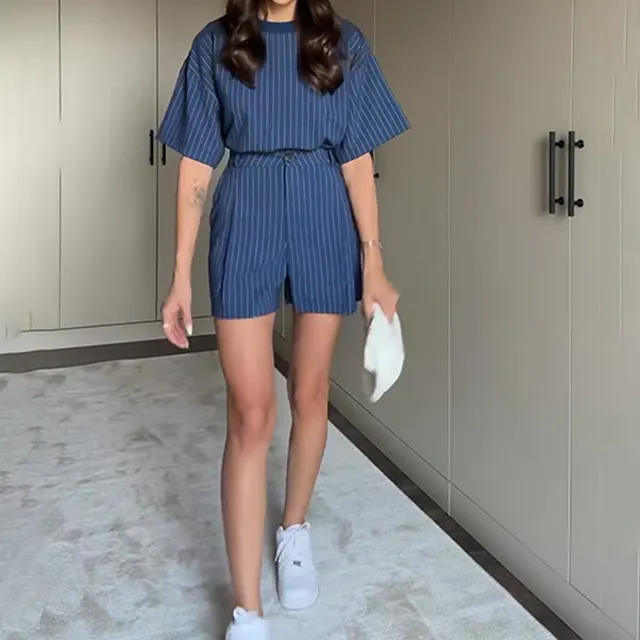 European And American Foreign Trade Round Neck T shirt Striped Suit Women Blue - Shop at LoveMi