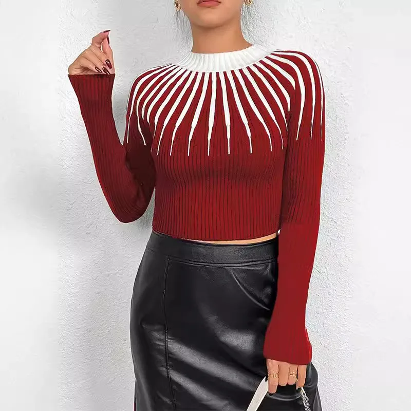 European And American Classic Striped Threaded Neckline Pullover Sweater - Red