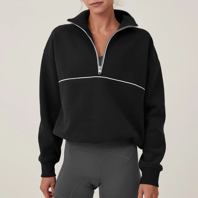 Contrast Color Half Zipper Sports Sweaters Women's Clothing E24W0445018 Black And White - Shop at LoveMi
