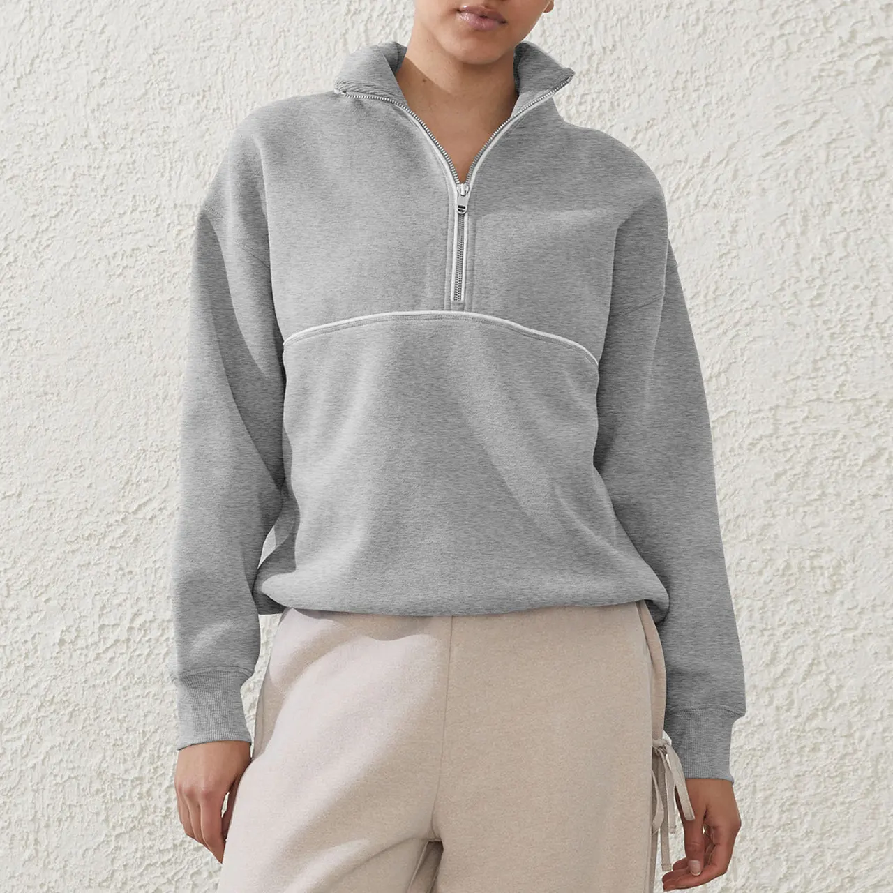 Contrast Color Half Zipper Sports Sweaters Women's Clothing - E24W0445033 Flower Gray