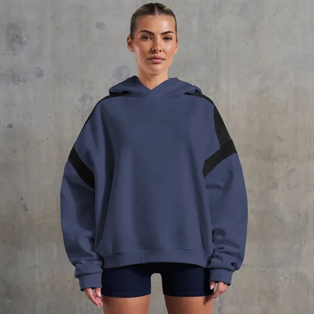 Contrast Color Drop Shoulder Women's Hooded Sweater E24W03946318 Gray And Blue - Shop at LoveMi