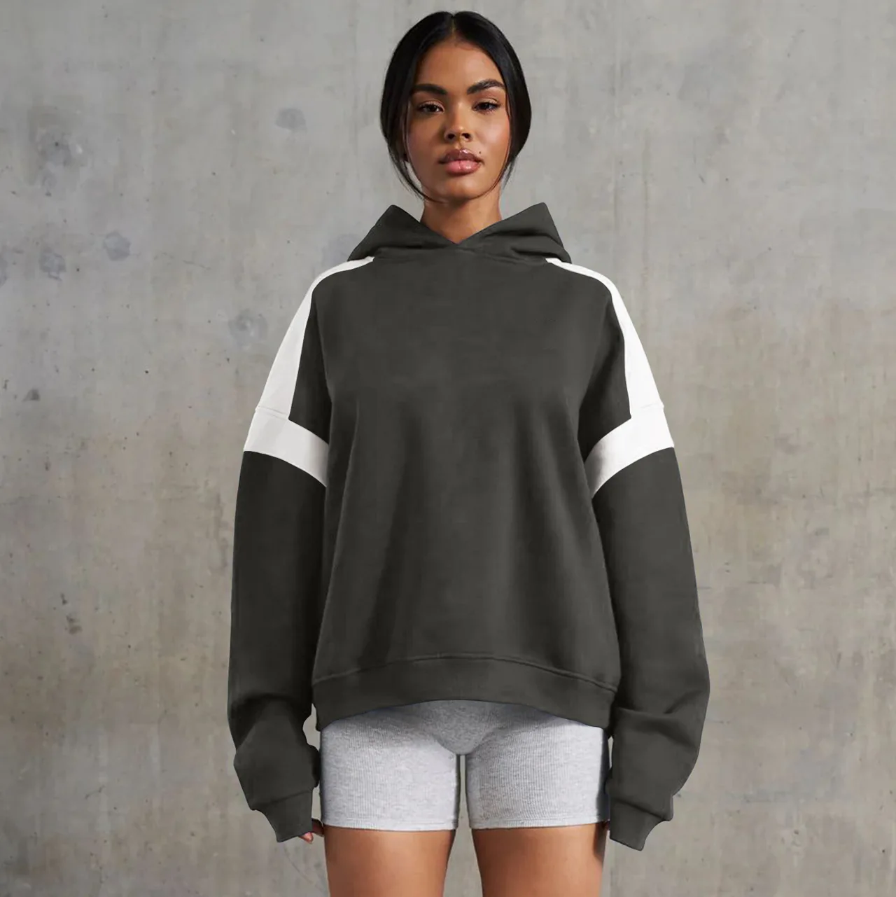 Contrast Color Drop Shoulder Women's Hooded Sweater - E24W03948204 Gray