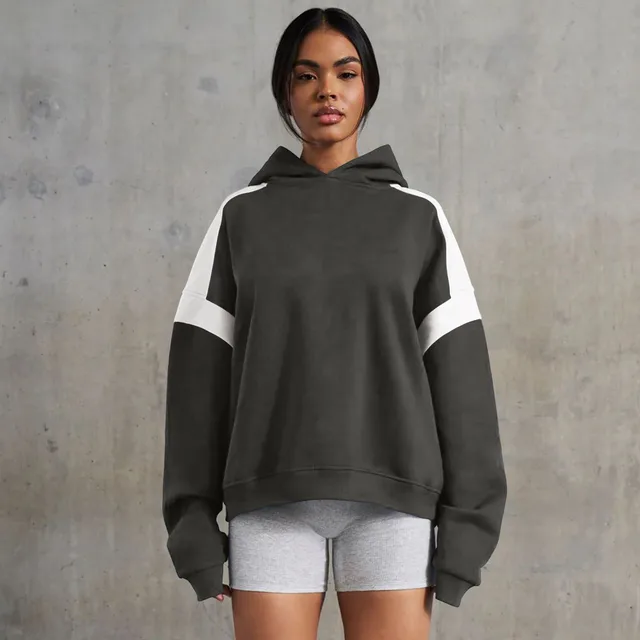 Contrast Color Drop Shoulder Women's Hooded Sweater E24W03948204 Gray - Shop at LoveMi