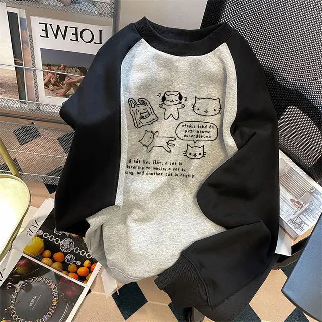 Japanese Cute Printed Patchwork Round Neck Sweatshirt Black And Gray Velvet - Shop at LoveMi