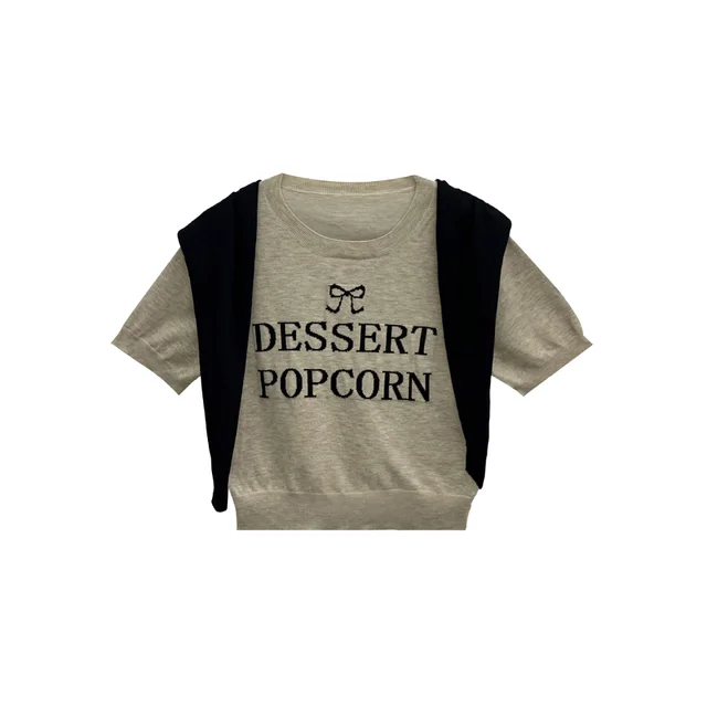 Ten Three Lines Women's Knitwear Two piece Embroidery Short Sleeve Top Apricot Black - Shop at LoveMi