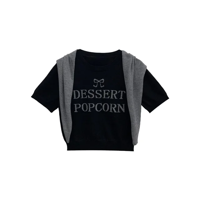 Ten Three Lines Women's Knitwear Two piece Embroidery Short Sleeve Top Black - Shop at LoveMi