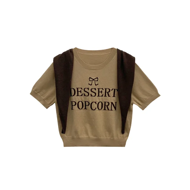 Ten Three Lines Women's Knitwear Two piece Embroidery Short Sleeve Top Khaki - Shop at LoveMi