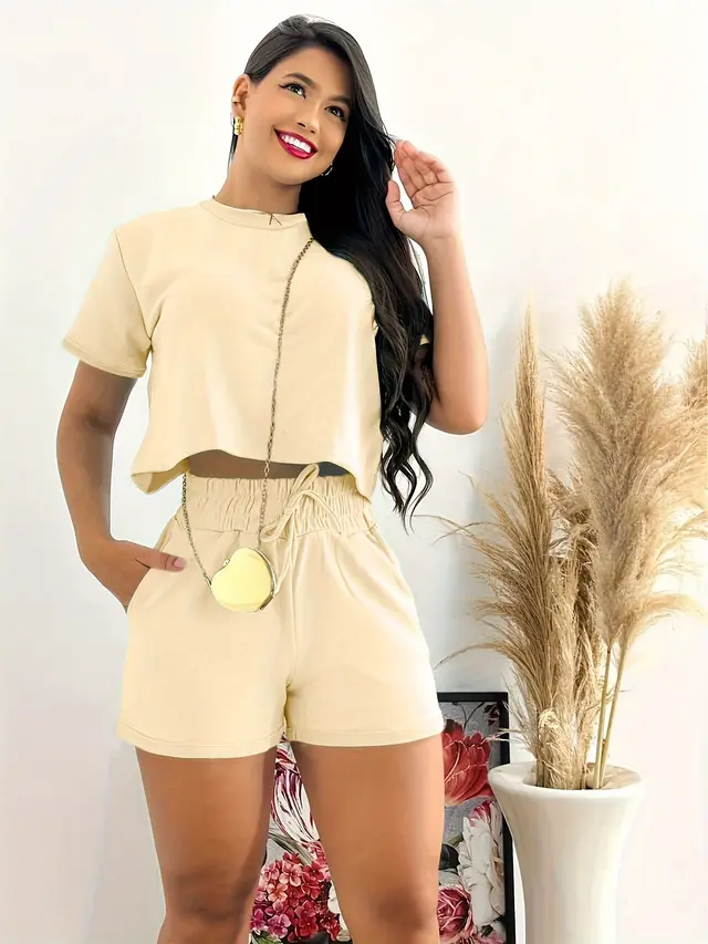 Summer New Short Sleeved And Shorts Set Khaki - Shop at LoveMi