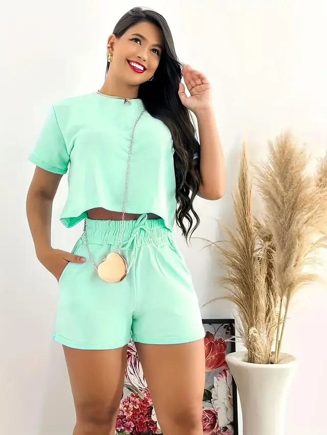 Summer New Short Sleeved And Shorts Set Mint Blue Green - Shop at LoveMi