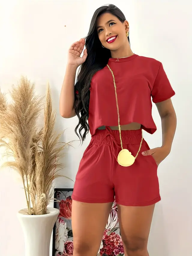 Summer New Short Sleeved And Shorts Set Wine Red - Shop at LoveMi