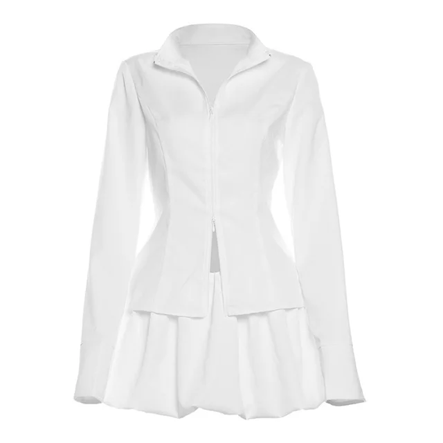 Slim Suits V neck ZIpper Long sleeved Top And Mini Skirt Ins Fashion Two piece Set Women Clothing White Two Pieces - Shop at LoveMi