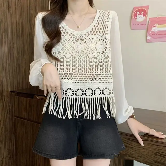 Women's Tassel Age reducing Chiffon Patchwork Lace V neck Shirt Apricot - Shop at LoveMi