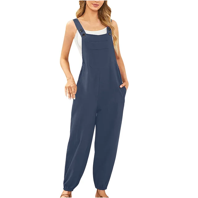 Women's Cotton And Linen Pocket Strap Skinny Pants Navy Blue - Shop at LoveMi