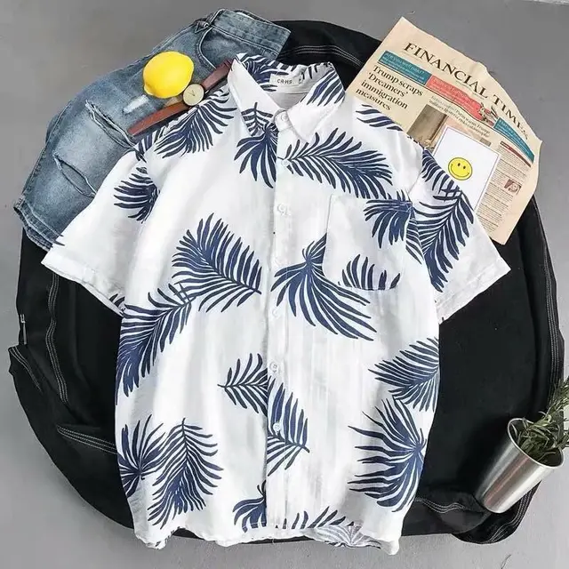 Summer Retro Short Sleeve Beach Vacation Shirt 120 Blue - Shop at LoveMi