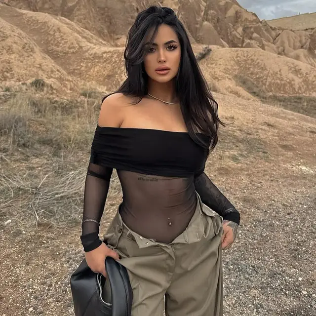 Pure Color Mesh Stitching Off neck Collarbone Slim Fit Slimming Top Women's Clothing Black Q24Tp017 - Shop at LoveMi