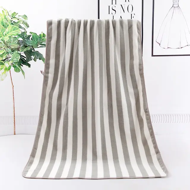 Warp Knitted Coral Velvet Wide Stripe Big Towel Edging Bath Towel Gray - Shop at LoveMi