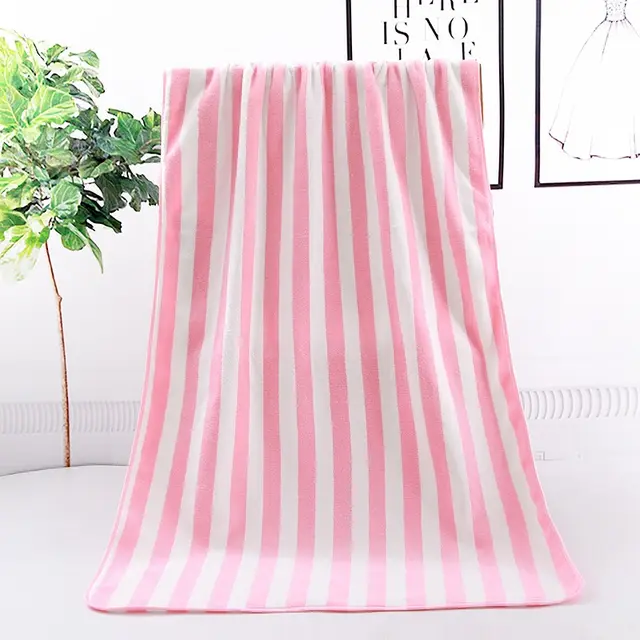 Warp Knitted Coral Velvet Wide Stripe Big Towel Edging Bath Towel Pink - Shop at LoveMi