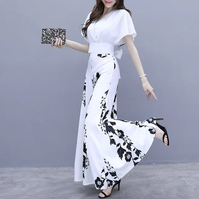Loose High Waist Slimming Printed Wide leg Pants White Pants - Shop at LoveMi
