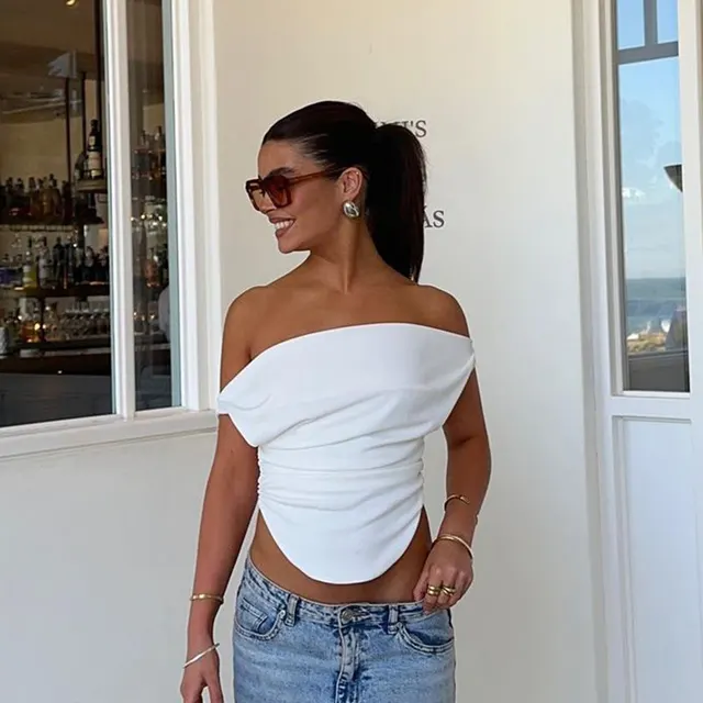 Slim Fit T shirt European And American Style Off shoulder Pleated Slim Fit Arc Swing Top White - Shop at LoveMi