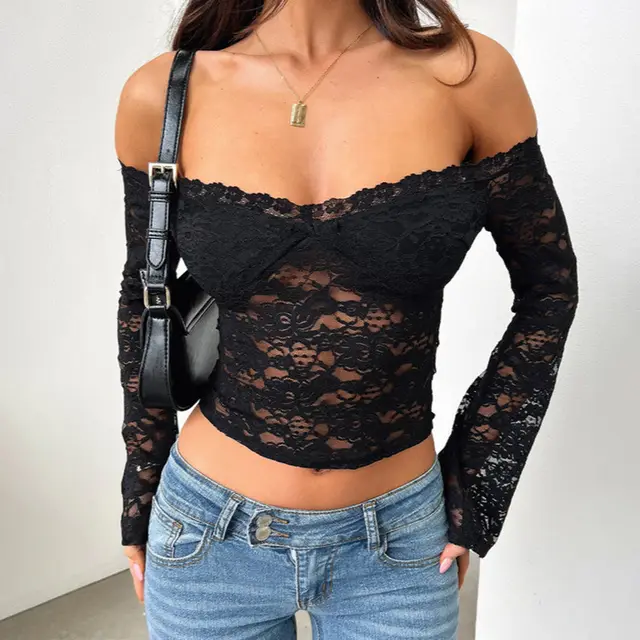Women's Autumn Fashionable Lace Off shoulder Long sleeved Top Black - Shop at LoveMi