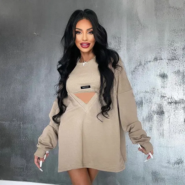 Personality All matching Sexy Slim fitting Sweater Two piece Set Top Khaki - Shop at LoveMi
